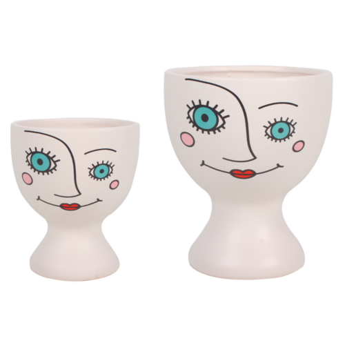 Quirky Ceramic Pot Planter Heads 2 Piece Set Lulu Face White Art Deco