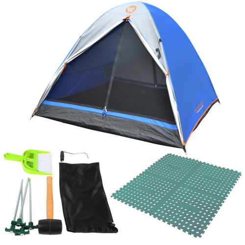 2P Tent + Essentials Kit + 4 Foam Mats, Tanami Dome Camping Outdoor Tent Blue