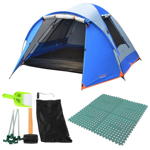 3P Tent + Essentials Kit + 4 Foam Mats, Tanami 3V Dome Camping Outdoor Tent Blue