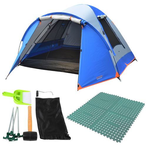 4P Tent + Essentials Kit + 4 Foam Mats, Tanami Dome Camping Outdoor Tent Blue