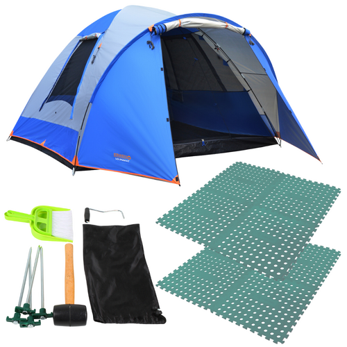 6P Tent + Essentials Kit + 8 Foam Mats, Tanami Dome Camping Outdoor Tent Blue