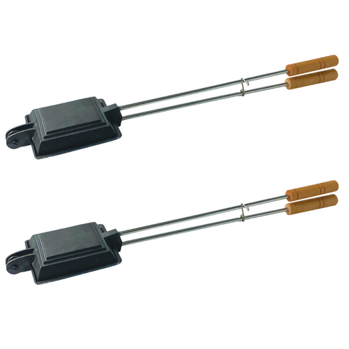 2x Single Jumbo Jaffle Irons Set 39cm Cast Iron Wooden Handles Camp Cook