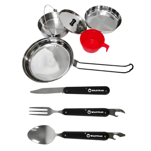 Single Person Mess Kit Stainless Steel + 3 Piece Cutlery Set Camp/Travel Cookware