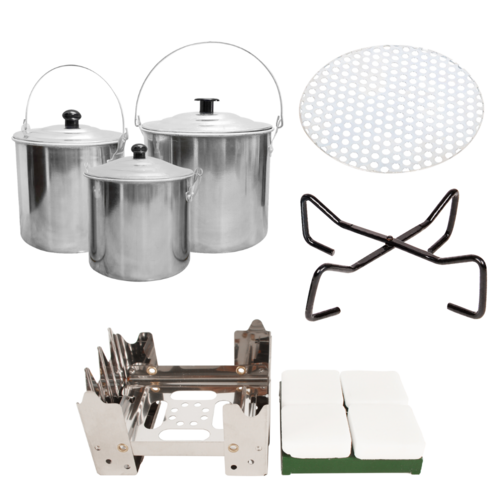 Billy Can Set 3 Camping Pots + Portable Stove + Trivet Plate & Holder Stand Cook Set