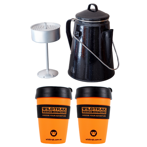 Coffee Percolator 2L + 2 Cup Mugs Set, Durable Enamel Metal