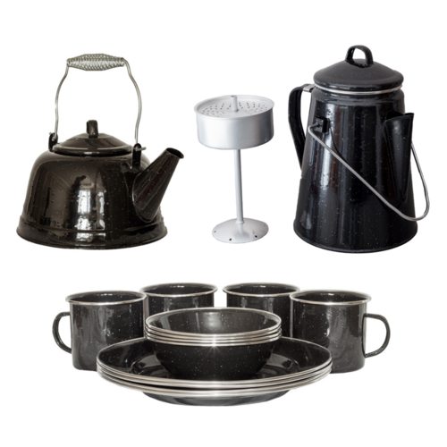 Camp Dinner Kitchenware Set 14 Pieces, Mugs, Bowls & Plates, Coffee Percolator & Kettle