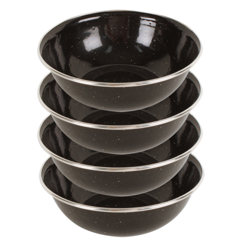 Premium Enamel Bowls 15x5cm Black 4 Piece Set Stainless Steel Rim Durable