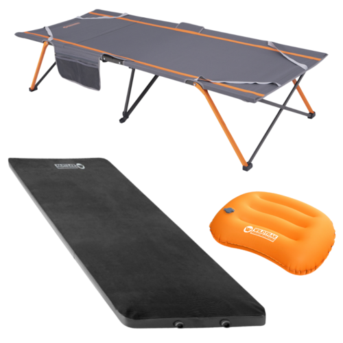 Easy Up Camp Stretcher Bed Single Jumbo + Self Inflating Mattress + Pillow Set