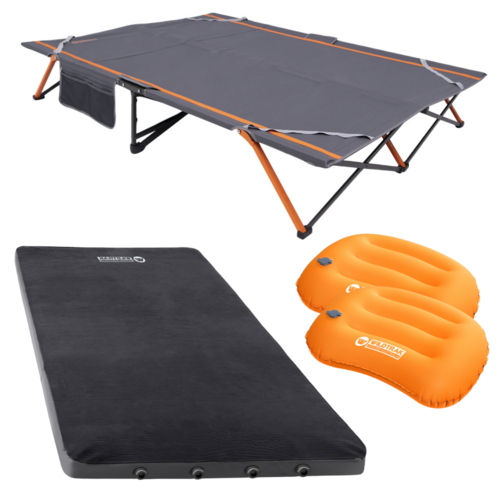 Easy Up Camp Stretcher Bed Queen + Self Inflating Mattress + 2 Pillows Sleep Set