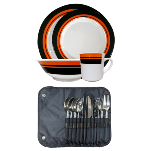 Dinner Melamine Set + Roll Up Cutlery Set In Travel Pouch 12 Pieces Stainless Steel