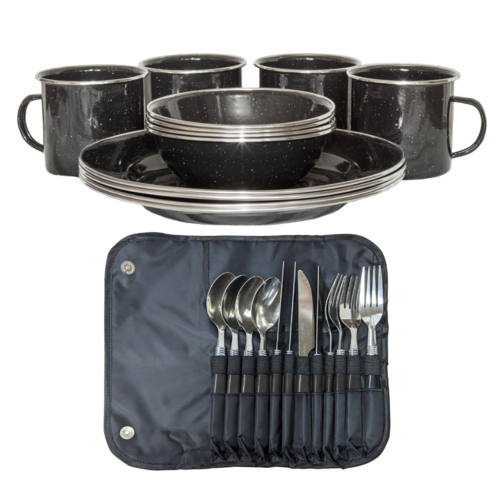Enamel Dinner Set + Roll Up Cutlery Set In Travel Pouch 12 Pieces Stainless Steel