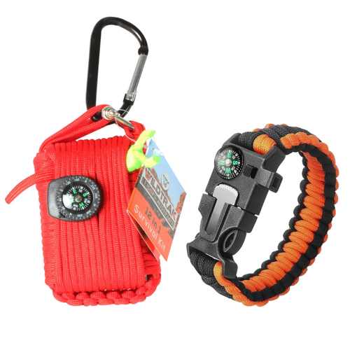 Survival Bracelet + 12 in 1 Survival Safety Kit Set on Carabiner Compass, Flint, Whistle & Rope