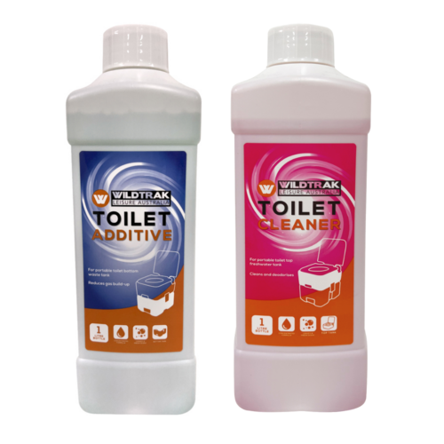 Camp Toilet Cleaning Set 2 Pieces Tank Sanitiser / Cleaner & Additive 1 Litre Bottles Portable