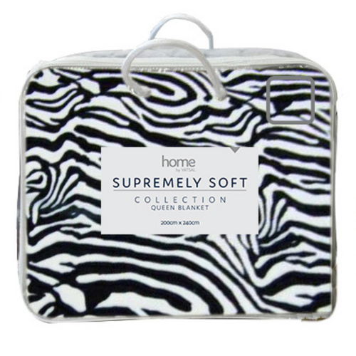 Zebra Queen Blanket 200x240cm Animal Print w/Carry Bag Faux Mink Soft