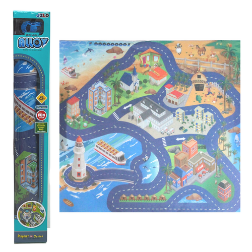 Toy Car & Playmat Set Racetrack Drive Blue Car Coastal Design 70x90cm 2pce
