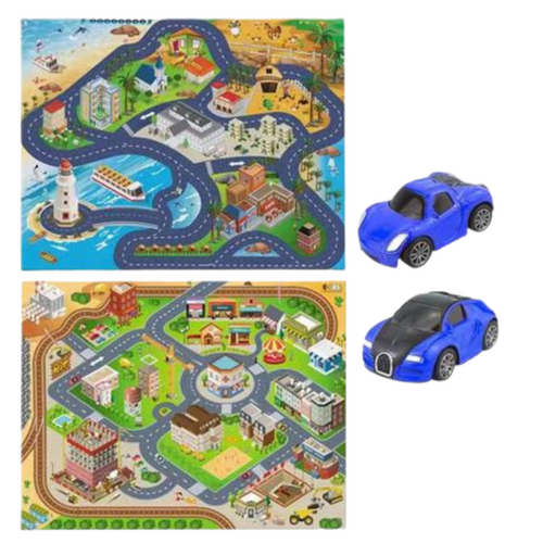 2x Toy Cars & Playmats Set Racetrack Blue City & Coastal Designs 70x90cm