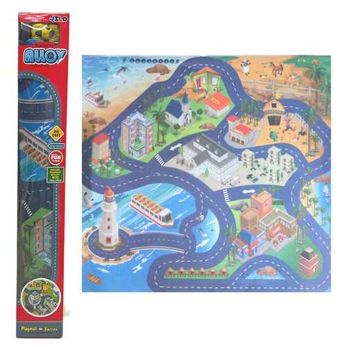 Toy Car & Playmat Set Racetrack Drive Yellow Car Coastal Design 70x90cm 2pce