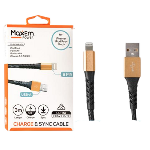 Heavy Duty iPhone Charger Cable 3m Length 1 Piece Fast Charge & Sync