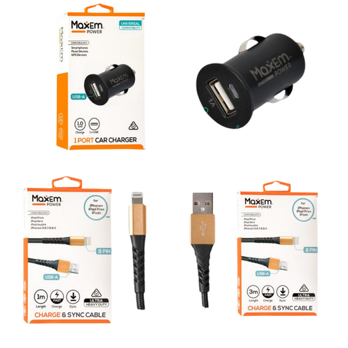 USB Car Charger + Heavy Duty iPhone Charger 1m Length + 3m Length Cable Set