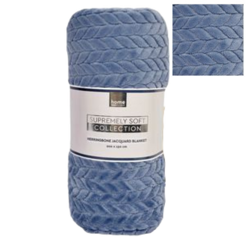 Winter Blanket Cool Blue Herringbone Jacquard Woven Pattern 1.5m x 2m Large Warm