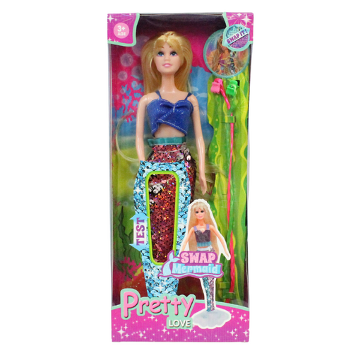Kids Mermaid Doll with Pink Sparkly Sequin Tail 30cm 3pce Ponytail Set