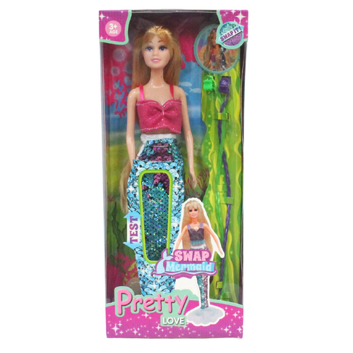 Kids Mermaid Doll with Blue Sparkly Sequin Tail 30cm 3pce Ponytail Set