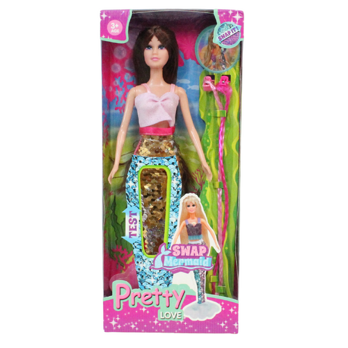Kids Mermaid Doll with Gold Sparkly Sequin Tail 30cm 3pce Ponytail Set