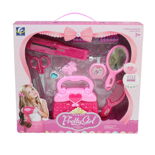 Kids Fashion Hairstyle Salon Play Toy Set Light Up 11pce Pink Handbag