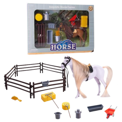 2x Horses & Stables/Barn Play Sets White & Brown Kids Play Set Bundle