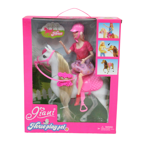 Kids Horse with Mane & Doll Play Set White, Cute Horseback Saddle