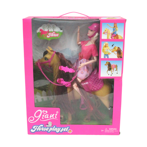 Kids Horse with Mane & Doll Play Set Dun Coat Colour, Cute Horseback Saddle