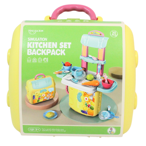 Kids Kitchen Play Set Backpack Carry Case Fun Toys Bench Station Compact 30pce
