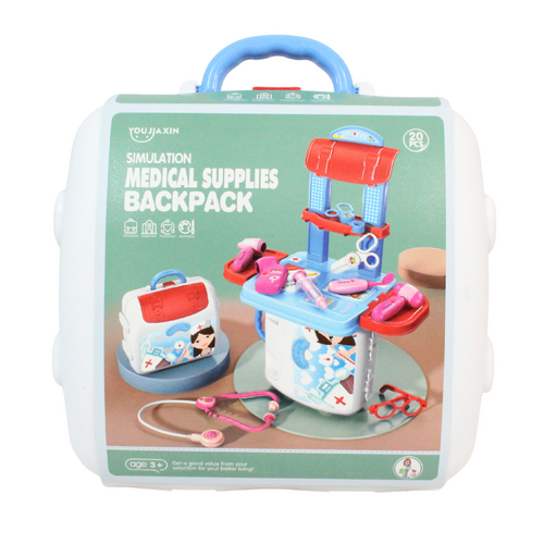 Kids Medical Play Set Backpack Carry Case Fun Toys Bench Station Compact 30pce