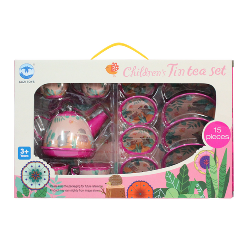Kids Tea Set Metal 15pce Colourful Print Design Children's Play Toys