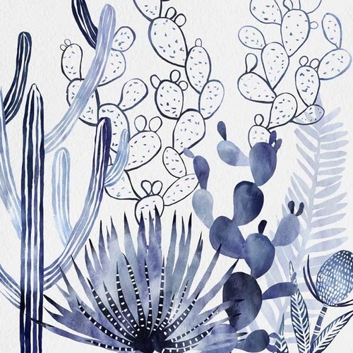 60cm Indigo Fan Palm/Cactus Print Watercolour Style, Framed Canvas