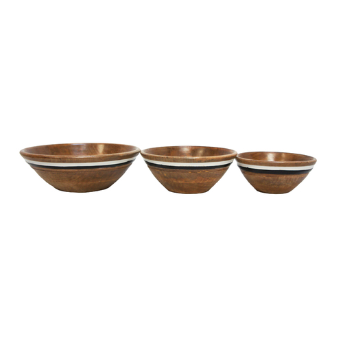 3pce Natural Wooden Bowls Set 30cm with Deco Stripe Great for Salads Food Keys & Trinkets