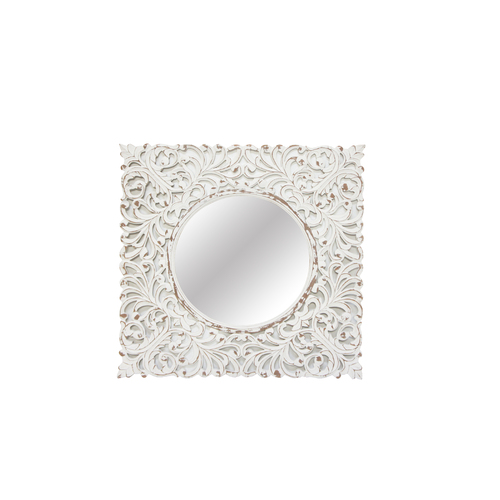 1pce 90cm Square Wooden Carved Mirror White Wash Colour Mandala Designed Wall Art