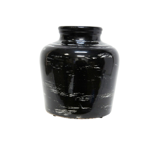 1pce 26cm Bana Black Ceramic Vase Stone Look For Flowers & Plant Display