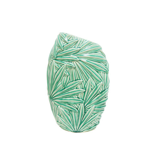 1pce 39cm Multi Palm Leaf Design Vase Green Ceramic For Flowers & Plants