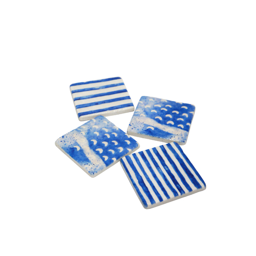 4pce Ceramic Coasters Set Stripes and Stars Blue & White Glazed Finish Table Decor