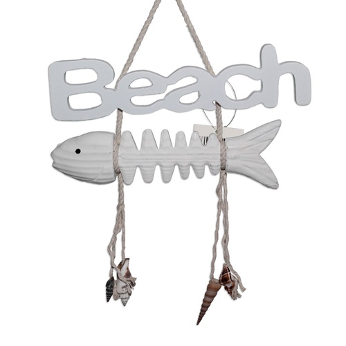 29cm Beach with Fish Bone Hanging Sign with Rope and Shells