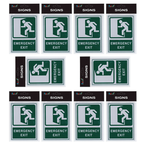 10pce Emergency Exit 18cm Signs Set Brushed Steel Green/Silver Self Adhesive 